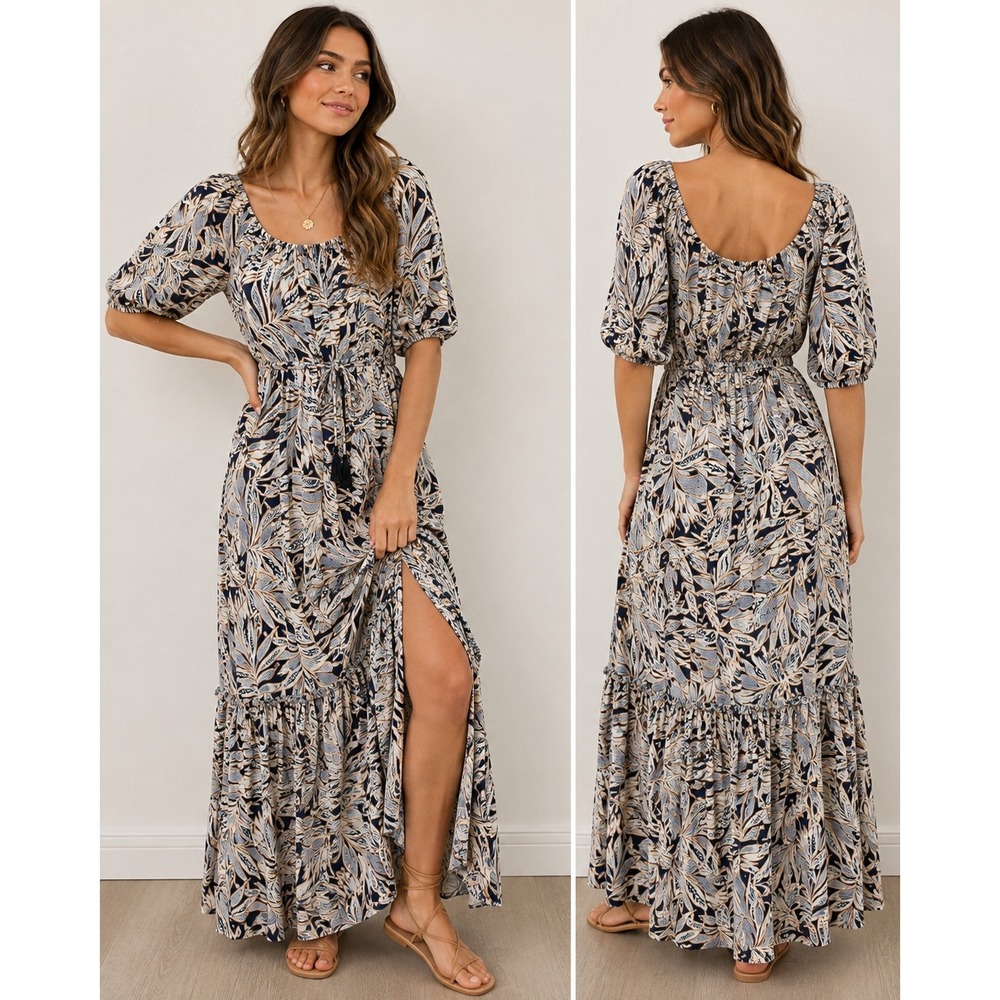 Karen Kane Costa Palmas Maxi Dress Women S Boho Tropical Leaf Puff Sleeve Tiered